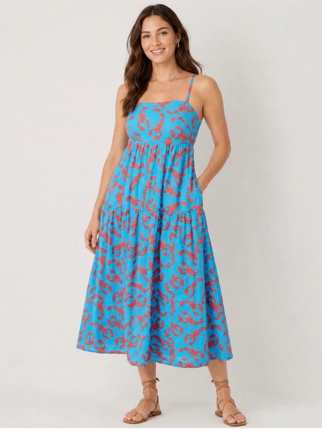 J. Crew Blue Midi Dress With Lobster Print And Spaghetti Straps